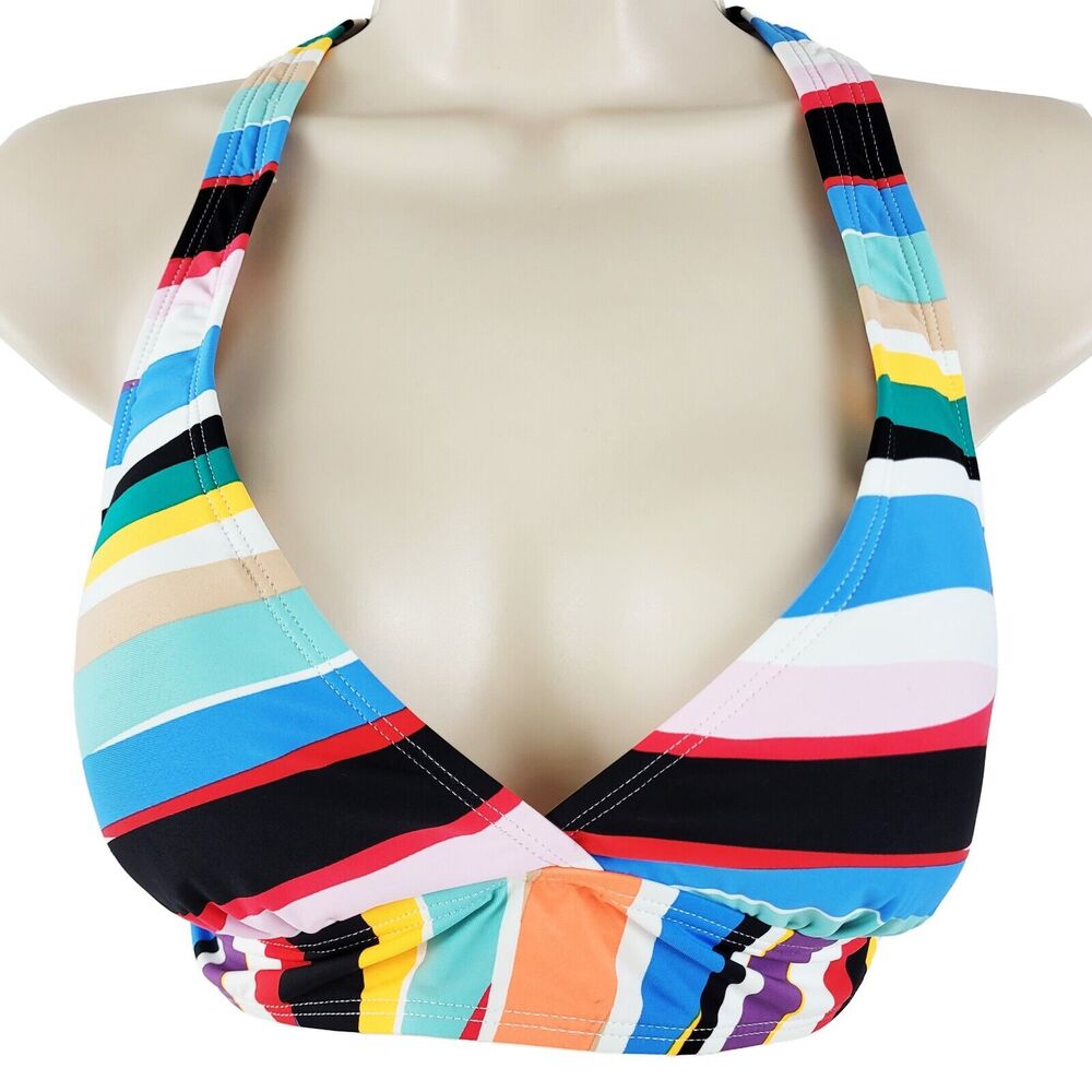 Anne Cole Bikini Top Size Large Multi Stripe Halter V Neck Lined Womens